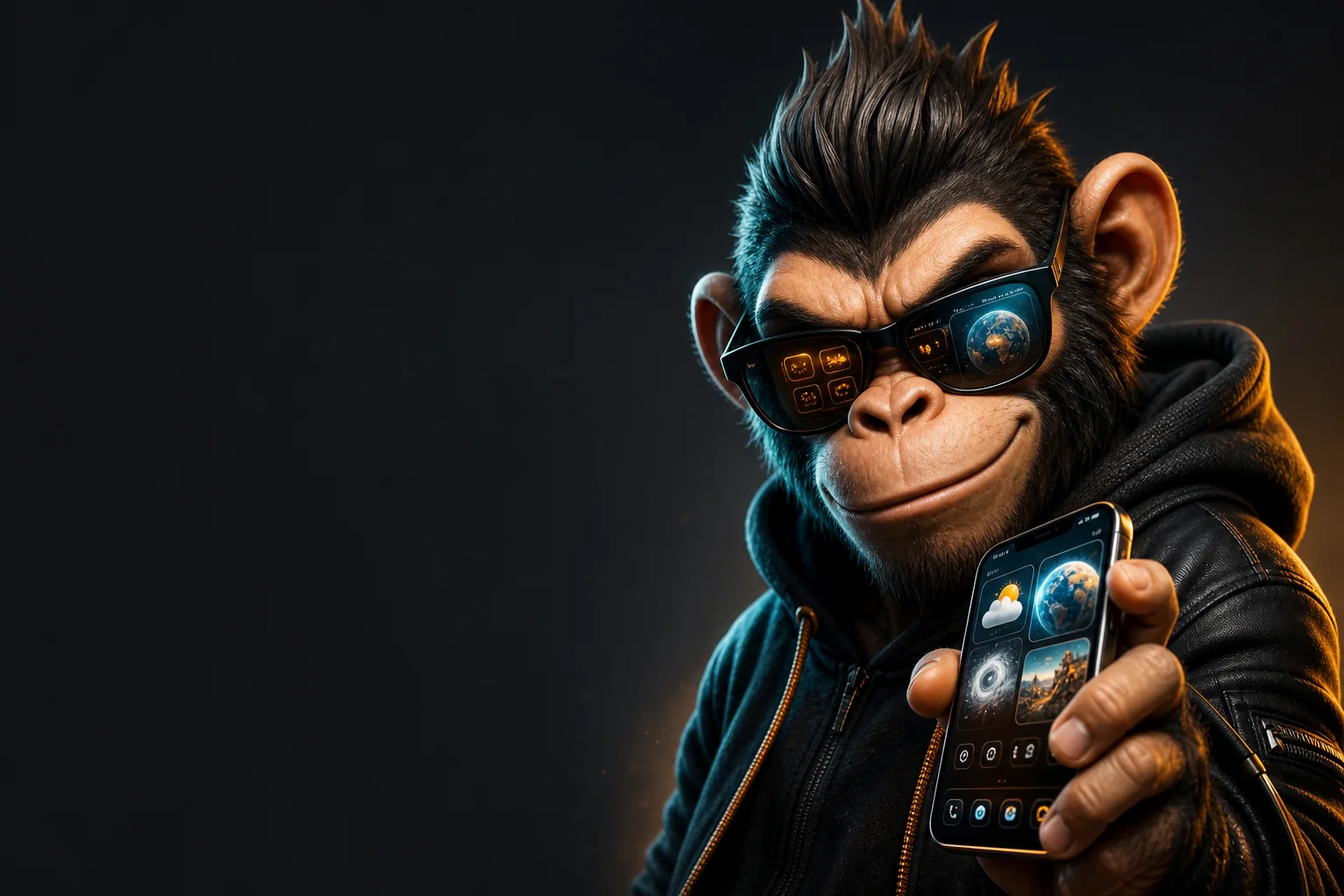 Bad Monkey mascot holding a phone