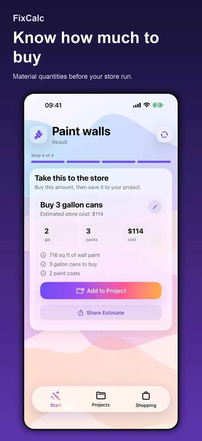 FixCalc material planning screen with illustrative inputs