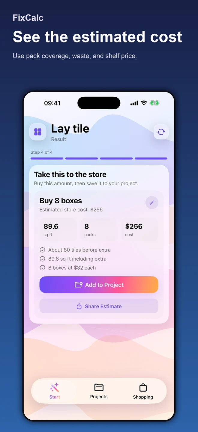 FixCalc material planning screen with illustrative inputs