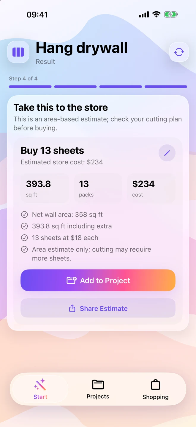 FixCalc material planning screen with illustrative inputs