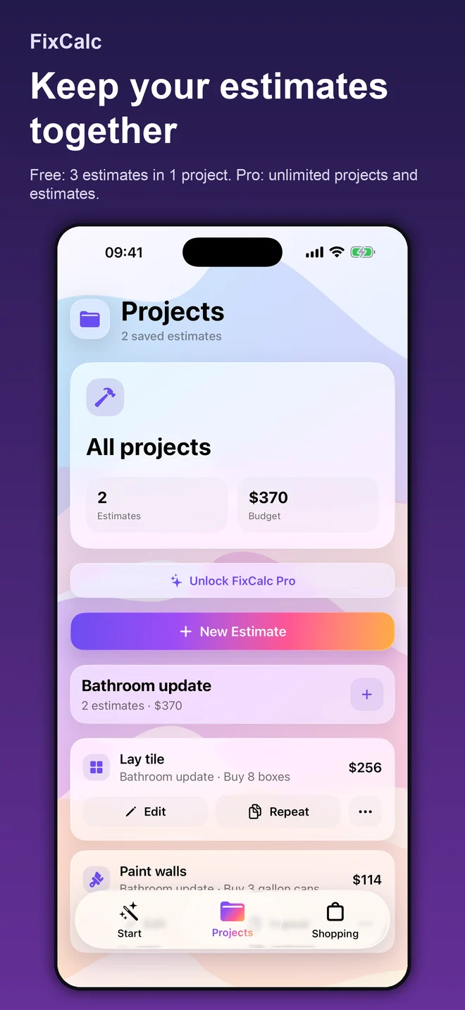 FixCalc material planning screen with illustrative inputs
