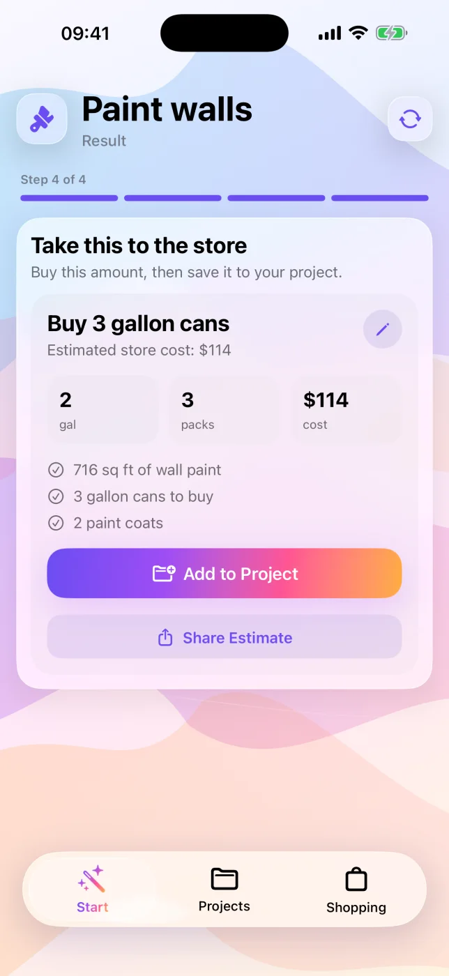 FixCalc paint estimate showing the amount to buy